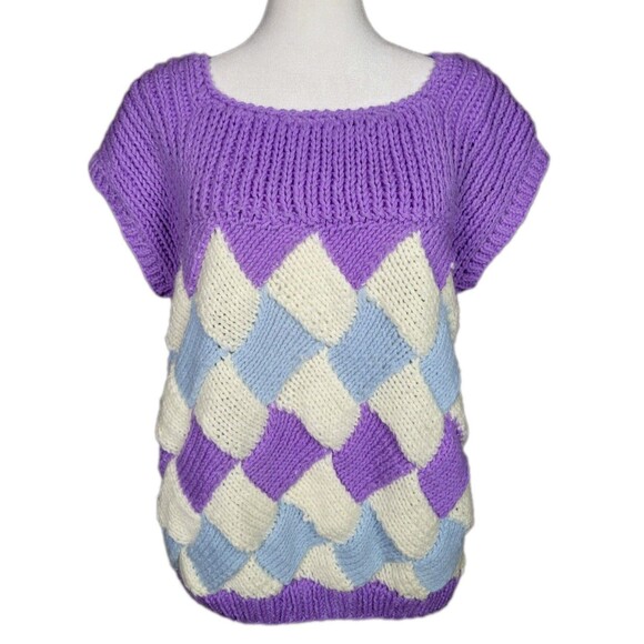VTG 80s Hand Knit Cap Sleeve Sweater Womens M-L Multicolor Diamond Blouse Top - Picture 1 of 8